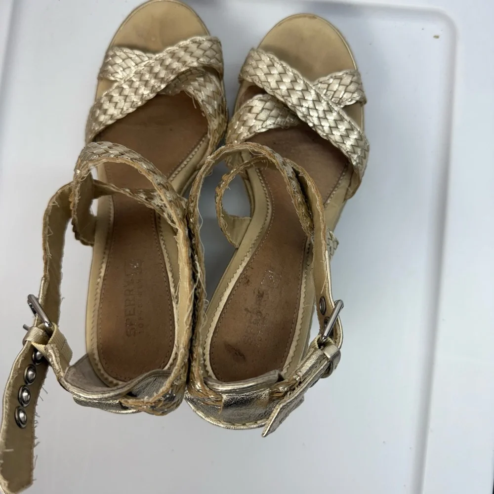 Sperry Top-Sider Wedge Leather Gold Ankle Strap Espadrille Sandals Size 8.5